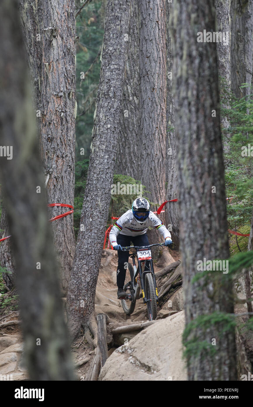 Campione del Mondo Miranda Miller (possono) racing al Crankworx Garbanzo DH evento, Whistler, BC, Canada. Agosto 14, 2018. Foto Stock