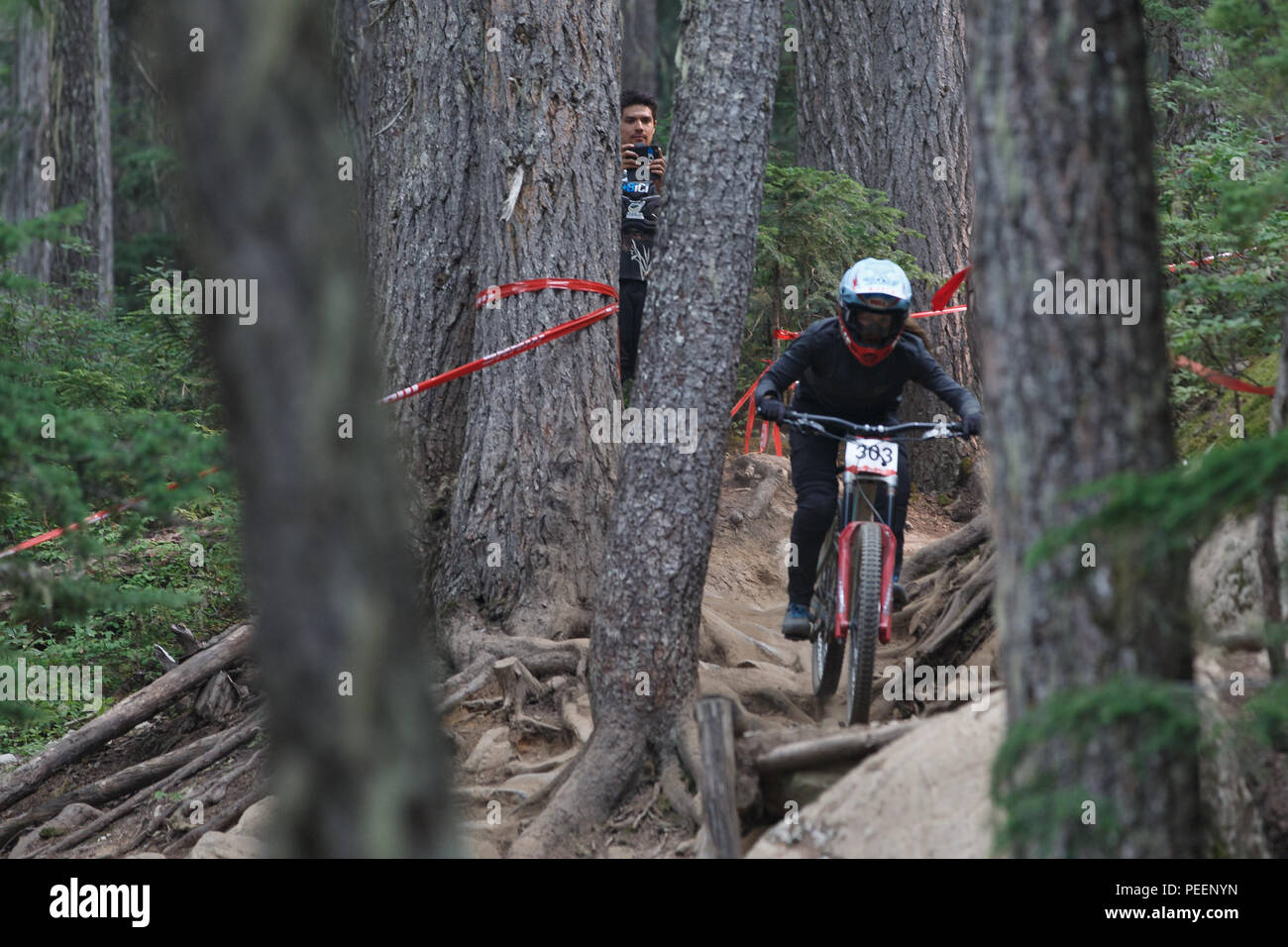 Casey marrone (possono) racing al quarto posto al Crankworx Garbanzo DH evento, Whistler, BC, Canada. Agosto 14, 2018. Foto Stock