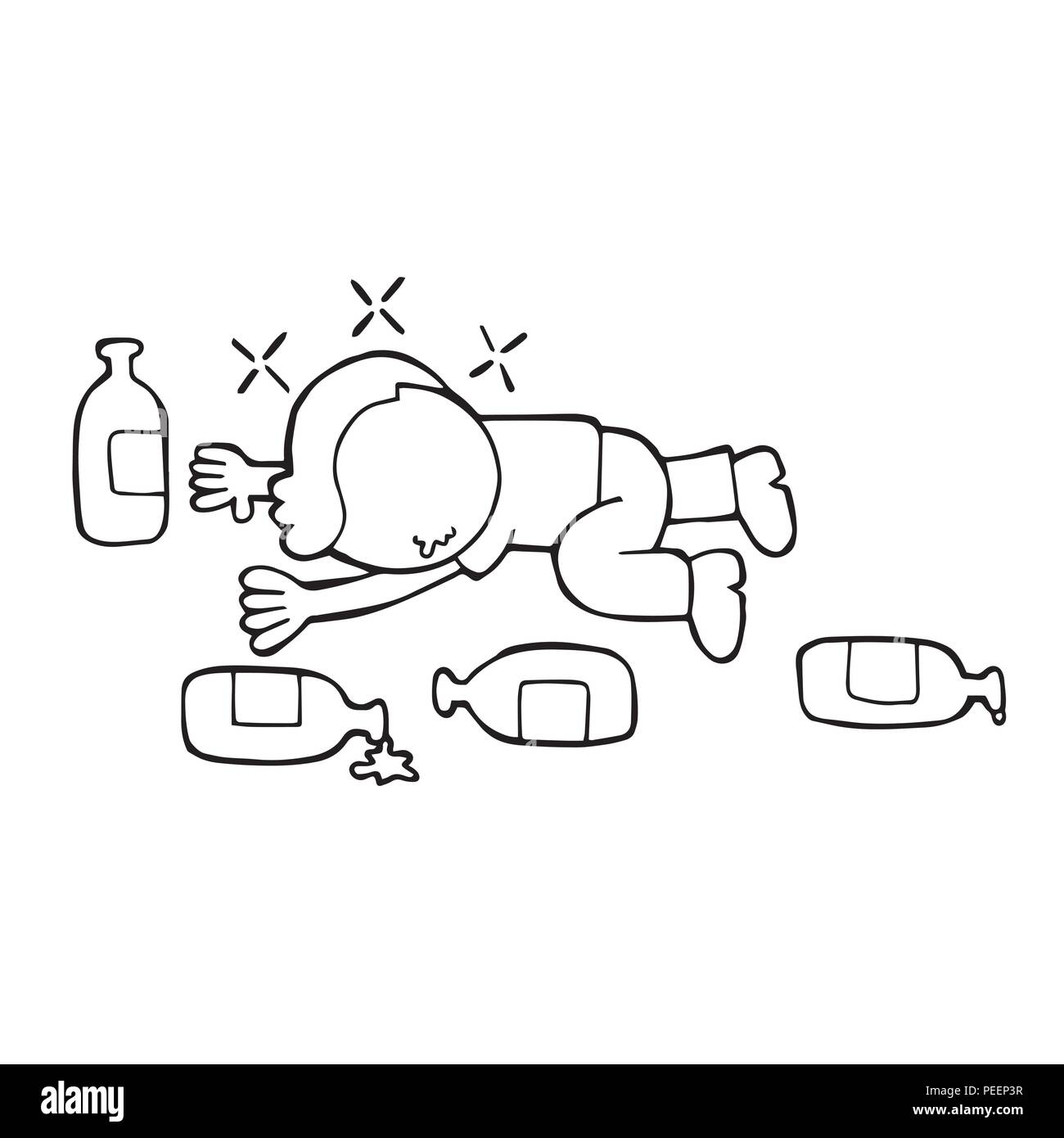 Vector disegnati a mano cartoon illustrazione di bevuto uomo disteso sul pavimento con le bottiglie da birra vuote. Illustrazione Vettoriale