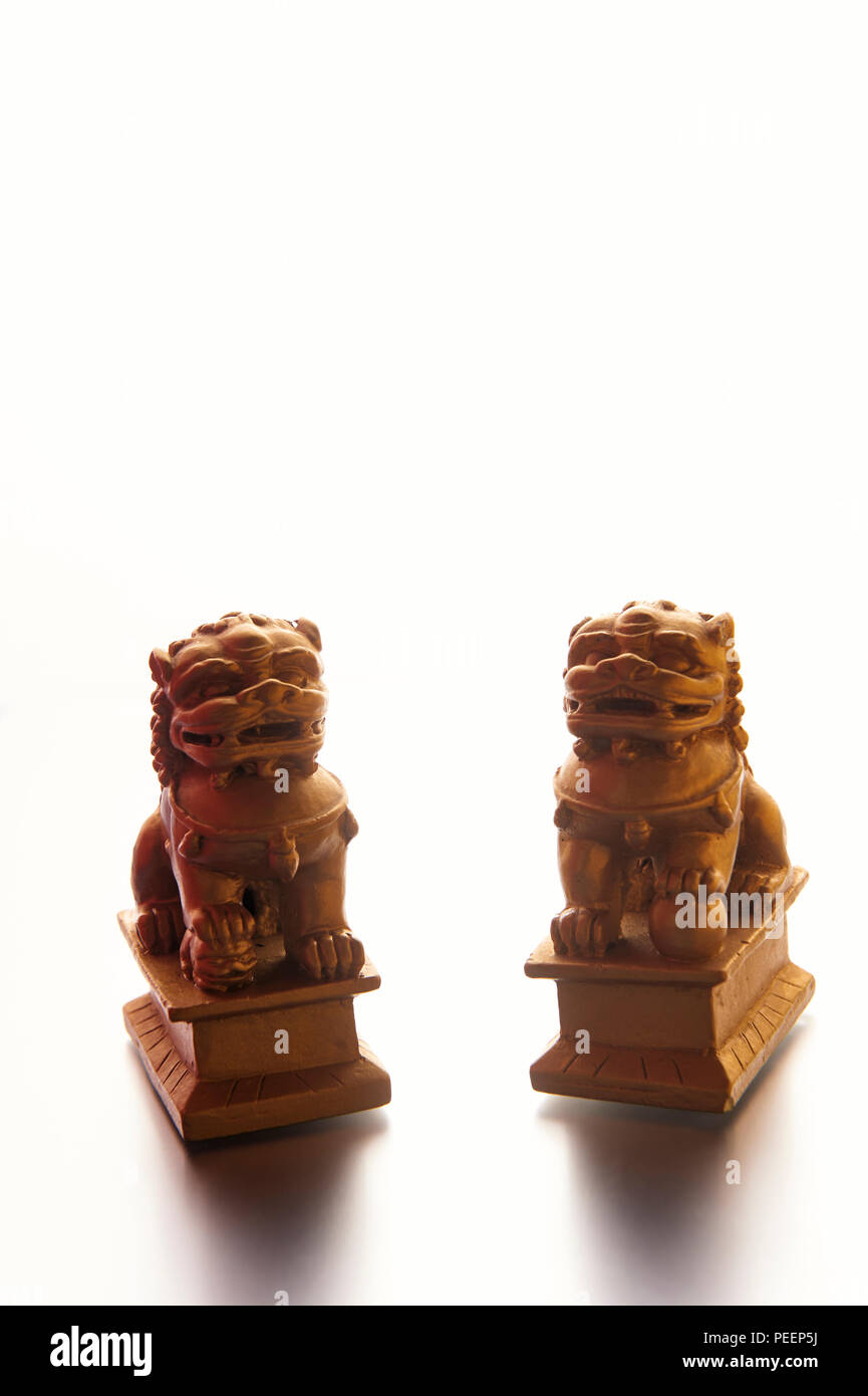 Una coppia di cinesi custode lions o foo cani, maschio e femmina, su sfondo bianco Foto Stock