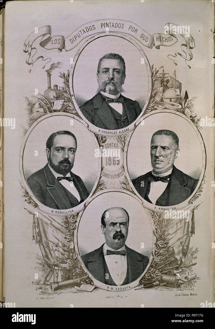 DIPUTADOS PINTADOS POR SUS HECHOS - R GONZALEZ ALEGRE- B REBULLIDA- F ARQUIAGA Y P M SAGASTA - CORTES CONSTITUYENTES DE 1869. Autore: B. Llanta (XIX sec.). Posizione: Congreso de los Diputados-ARCHIVO, MADRID, Spagna. Foto Stock