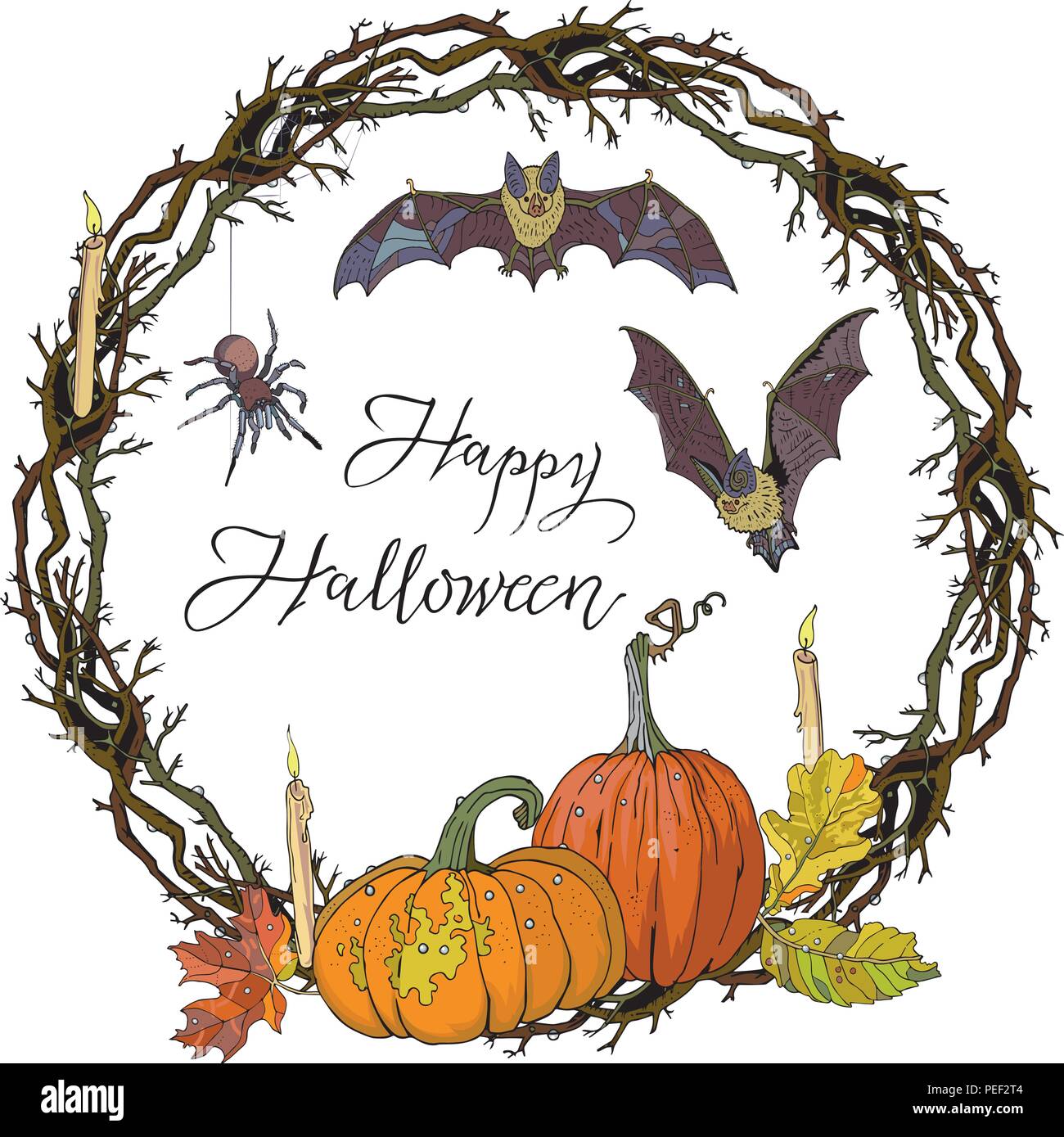 Halloween round gotico ghirlanda di rami con zucche, candele, foglie di autunno, pipistrelli e spider. Garland per invito, biglietto di auguri, poster design, pubblicità. Disegnata a mano illustrazione vettoriale. Illustrazione Vettoriale
