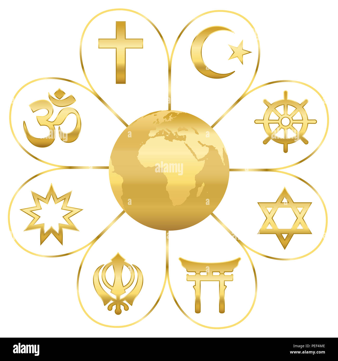 Le religioni del mondo uniti su un fiore d'oro con il pianeta terra in centro. Segni di grandi gruppi religiosi e religioni. Foto Stock