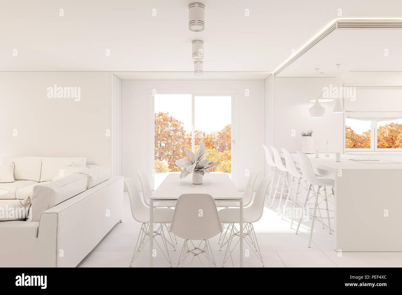 Living room interior design con camino. Casa moderna in stile scandinavo in stile minimalista. Hygge interni 3D render. 3d illustrazione Foto Stock