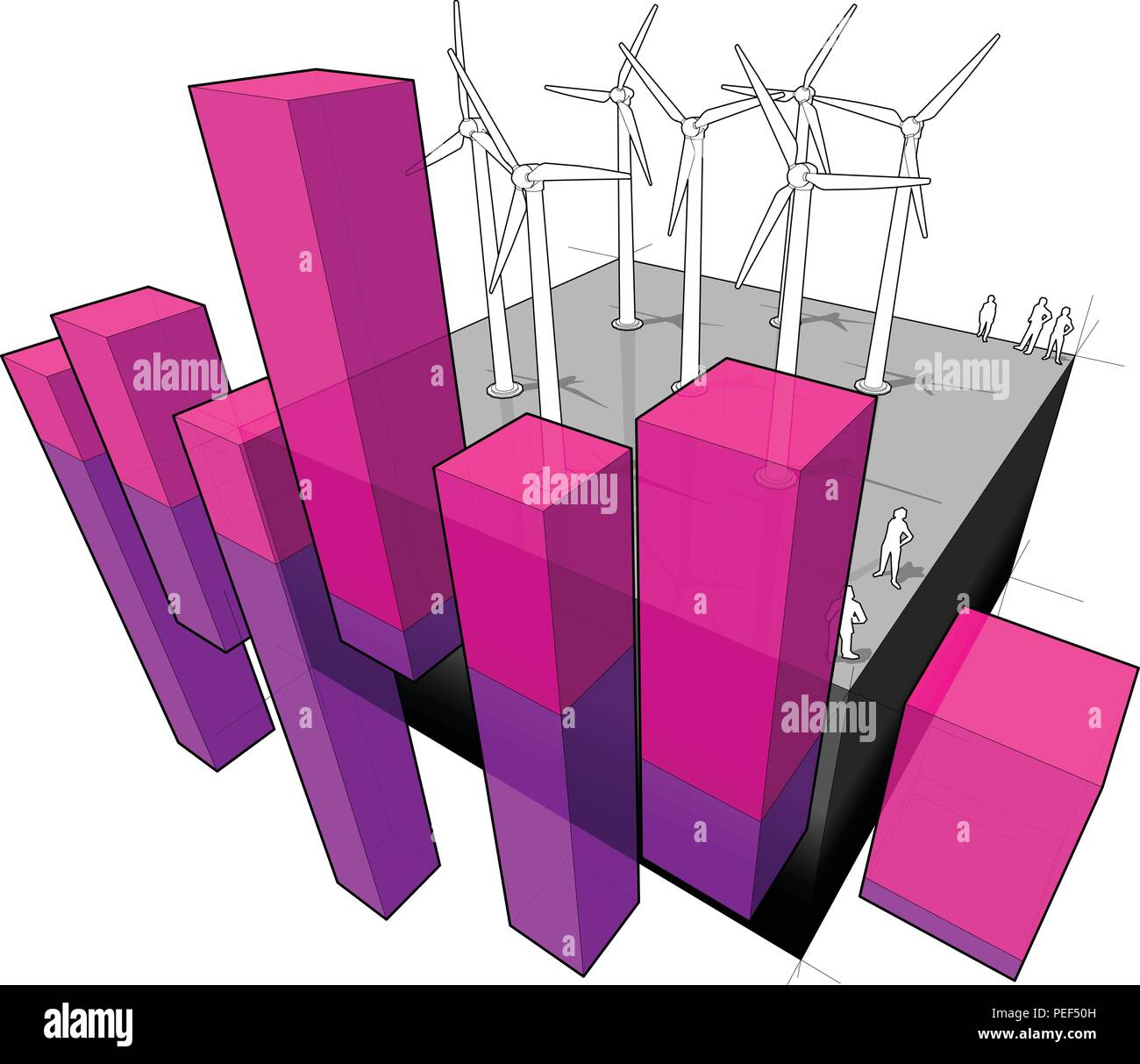 Wind turbines farm e astratto schema di business Illustrazione Vettoriale