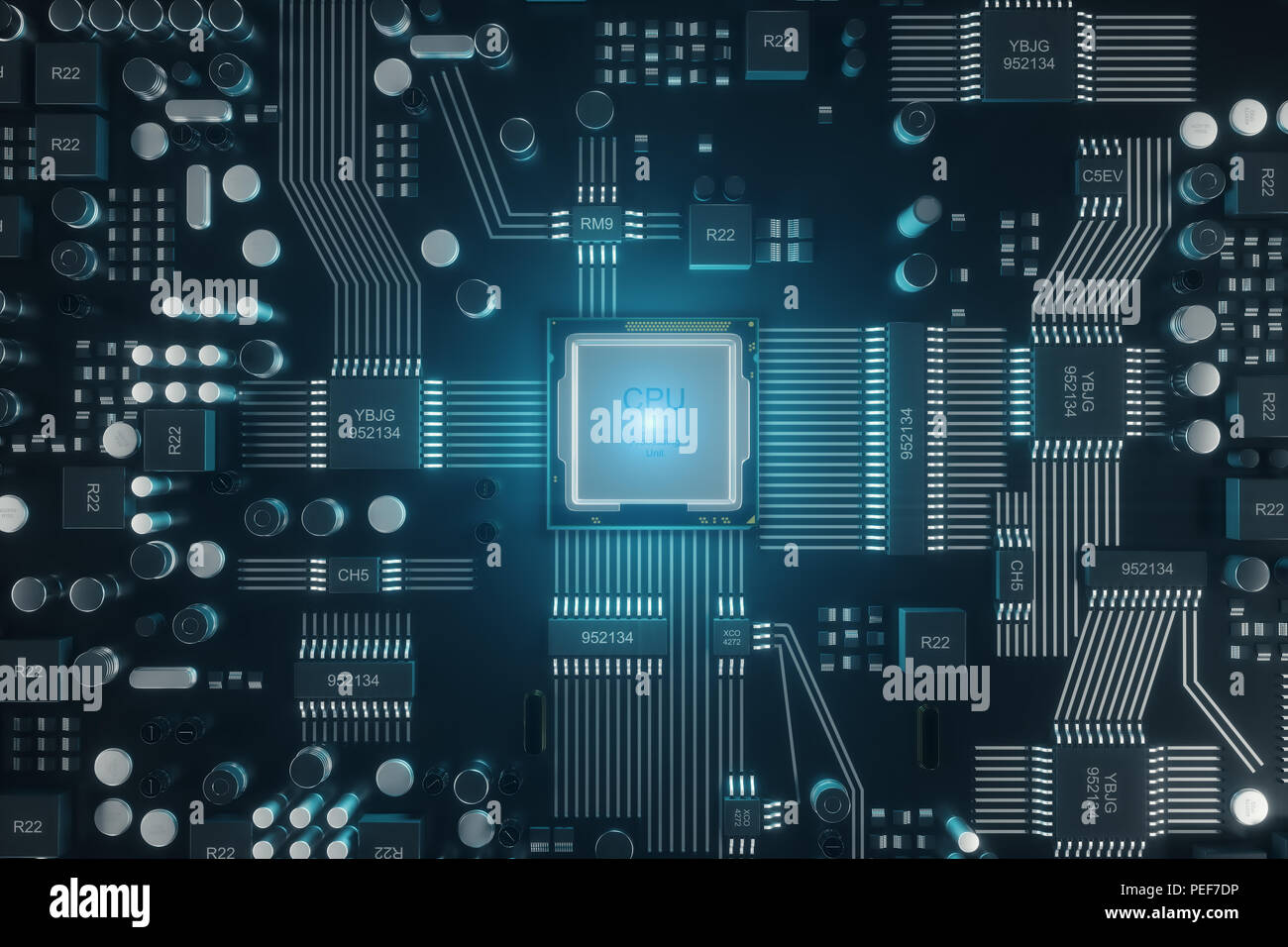 Scheda di circuito. Sfondo tecnologico. Calcolatore centrale processori CPU concetto. Scheda madre chip digitali, tech scienza dello sfondo. Communica integrato Foto Stock