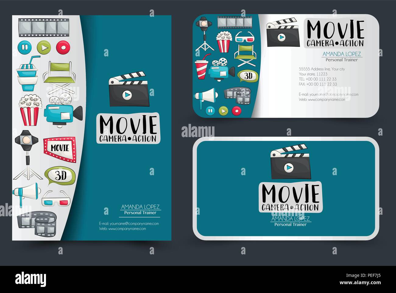 Cinema corporate identity design set. Il Flyer e biglietti da visita. Vector illustrator. Illustrazione Vettoriale