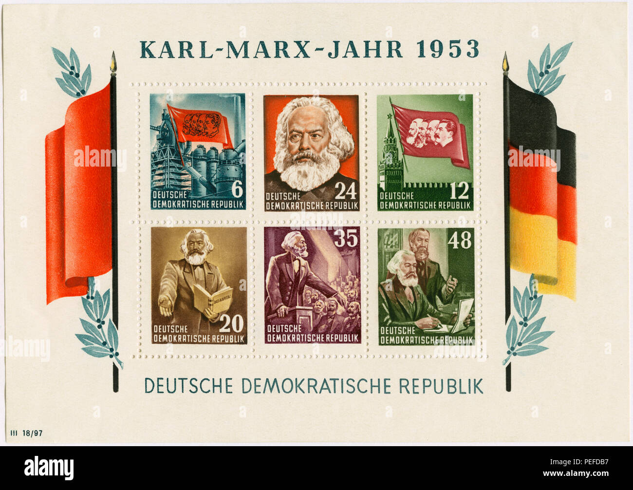 Karl Marx affrancatura commemorativa foglio timbro, Germania orientale, DDR, 1953 Foto Stock