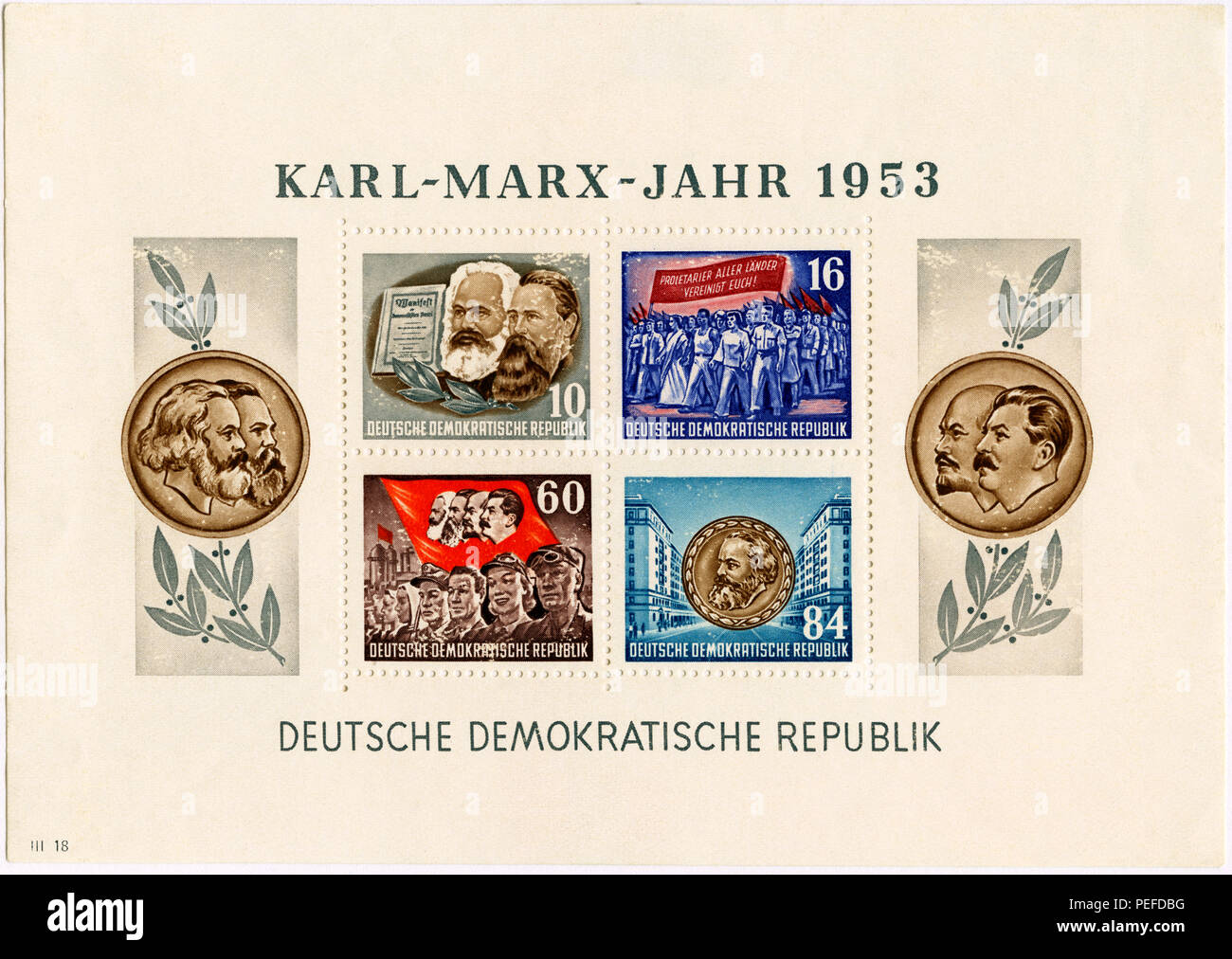 Karl Marx affrancatura commemorativa foglio timbro, Germania orientale, DDR, 1953 Foto Stock