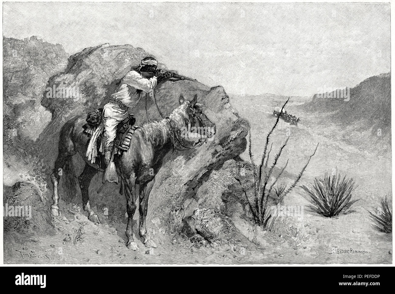 Apache Indian a cavallo fucile di puntamento a carro coperto, illustrazione, Frederic Remington, Harper's rivista mensile, 1890 Foto Stock