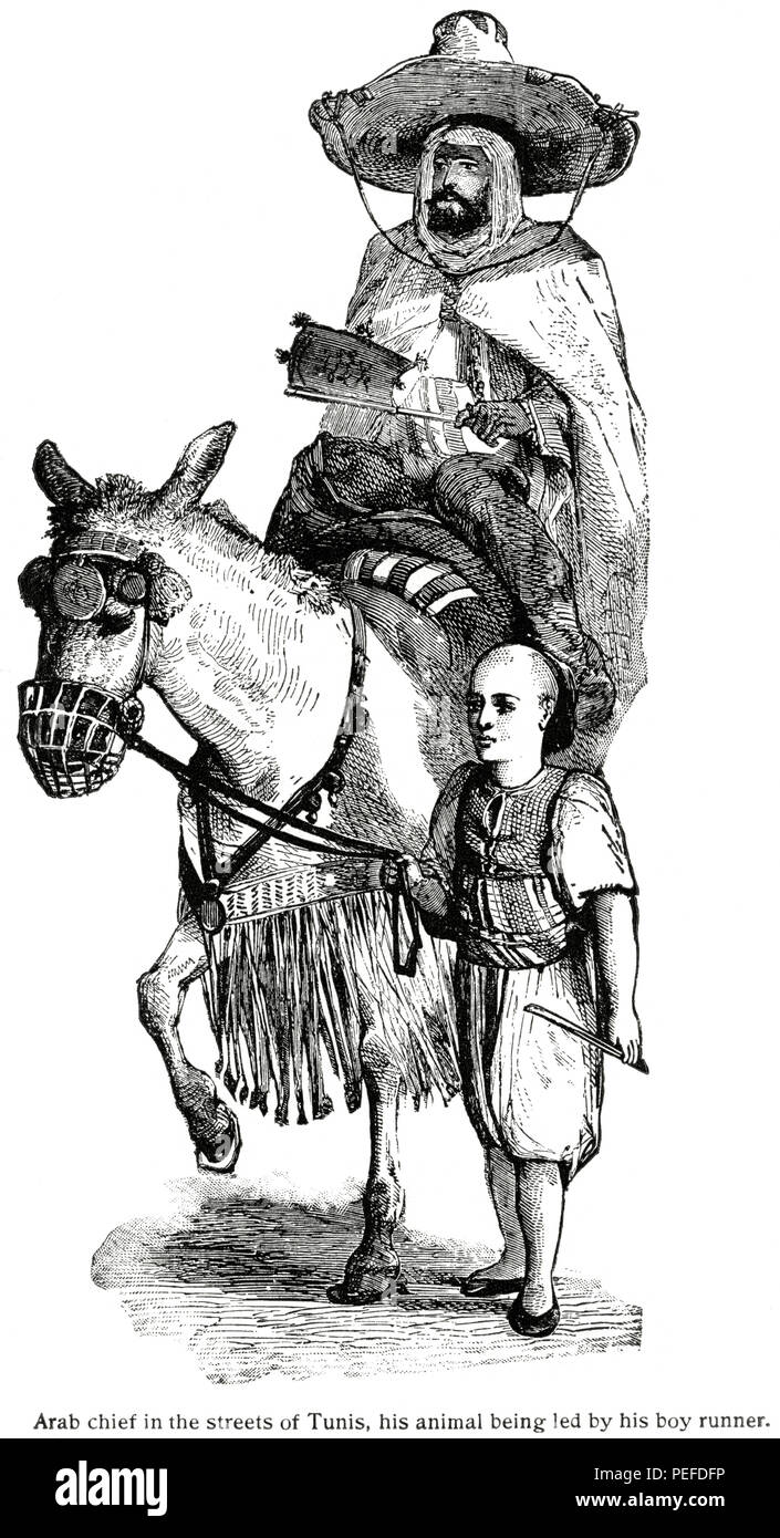 Capo arabo a cavallo essendo portato da ragazzo Runner, Tunisi, Tunisia, 1860, illustrazione, Classico portafoglio di vettori primitivi, da Marshall M. Kirman, ferroviarie del mondo Publ. Co., illustrazione, 1895 Foto Stock