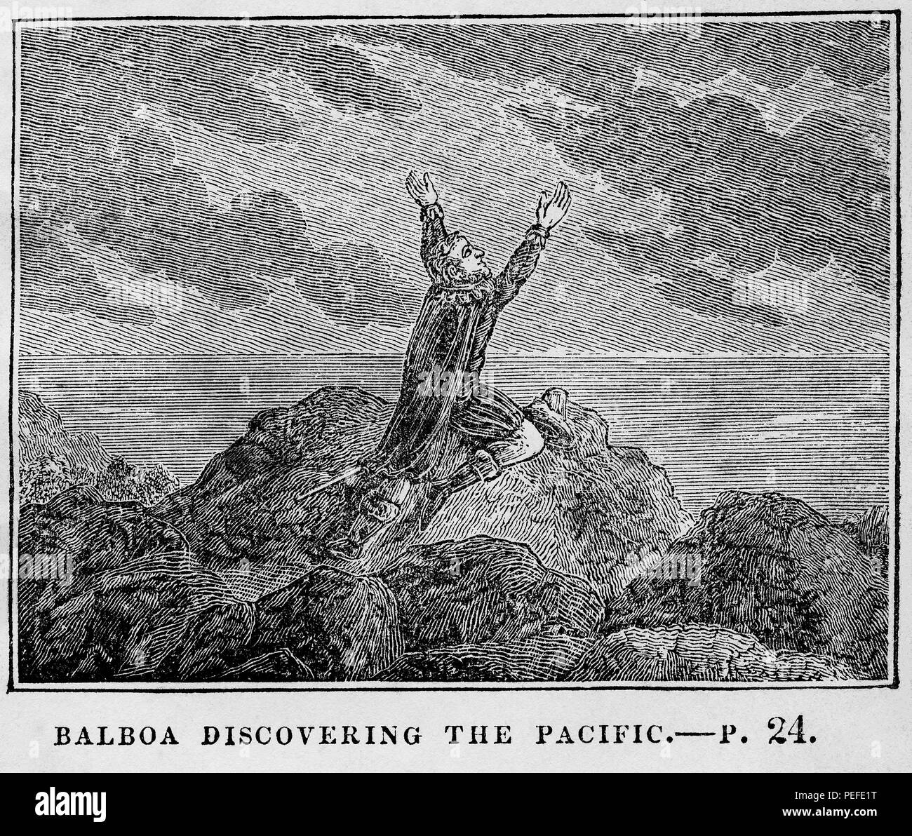 Balboa alla scoperta del Pacifico, illustrazione dal libro, Cabinet storico, LATO SINISTRO Giovane Editore, New Haven, 1834 Foto Stock