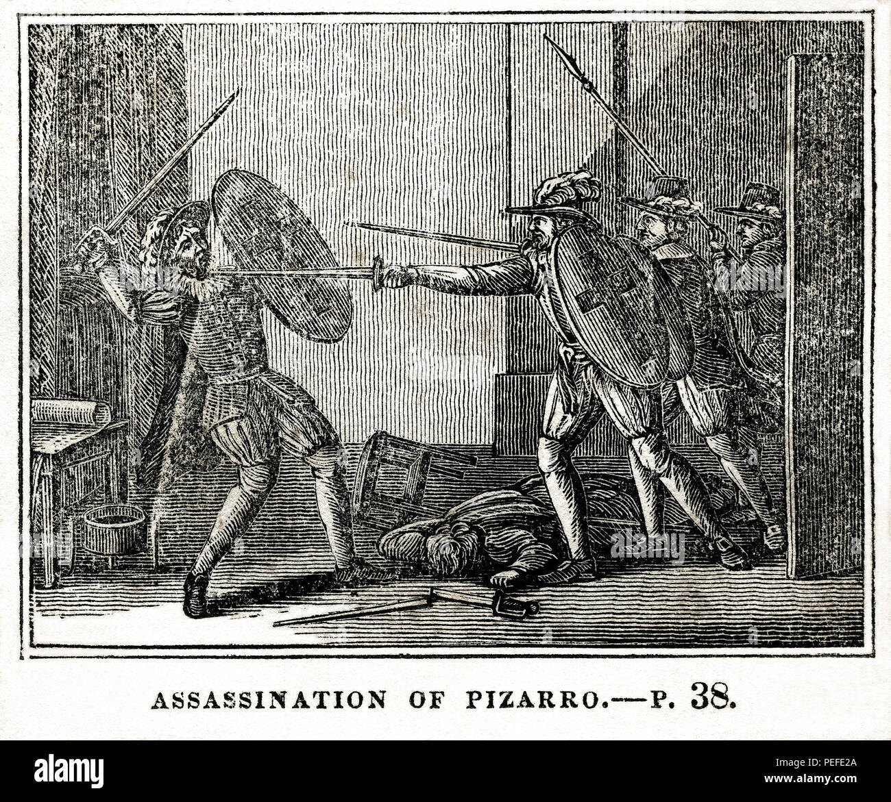 Assassinio di Francisco Pizarro, 1541, illustrazione dal libro, Cabinet storico, LATO SINISTRO Giovane Editore, New Haven, 1834 Foto Stock