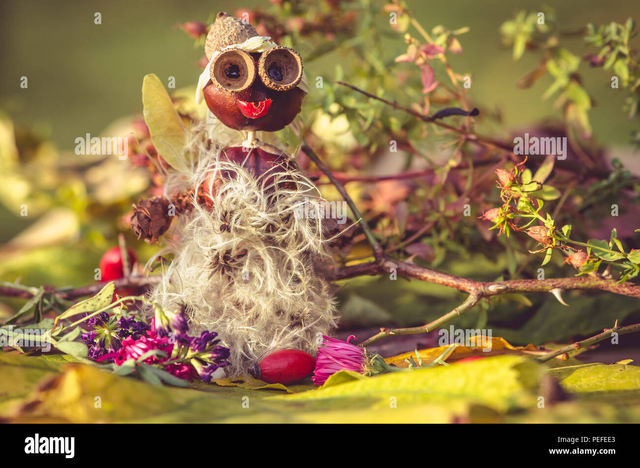 Carino divertente figure composte da frutti d'autunno, castagne e ghiande in posa all'aperto in natura Foto Stock