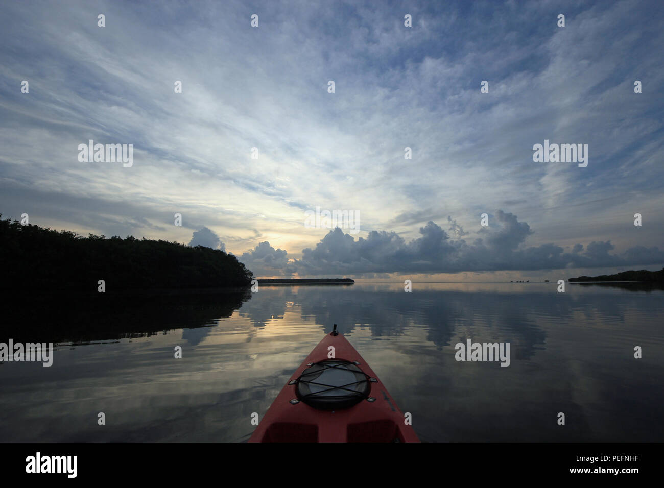 Kayak a sunrise su Biscayne Bay off il punto nero, appena a sud di Miami, Florida, Stati Uniti. Foto Stock