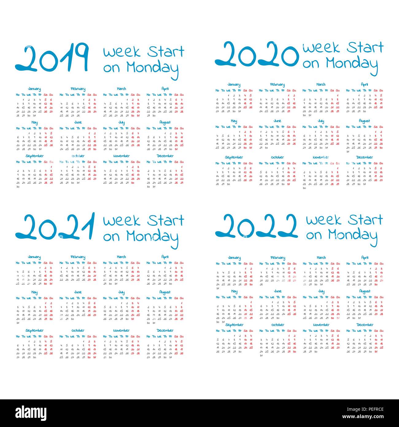 Semplice anno 2019-2022 calendario impostato, la settimana inizia il lunedì Illustrazione Vettoriale