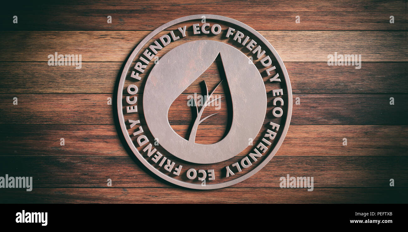 ECO FRIENDLY badge. Round Cartello in metallo con testo eco friendly su sfondo di legno. 3d illustrazione Foto Stock