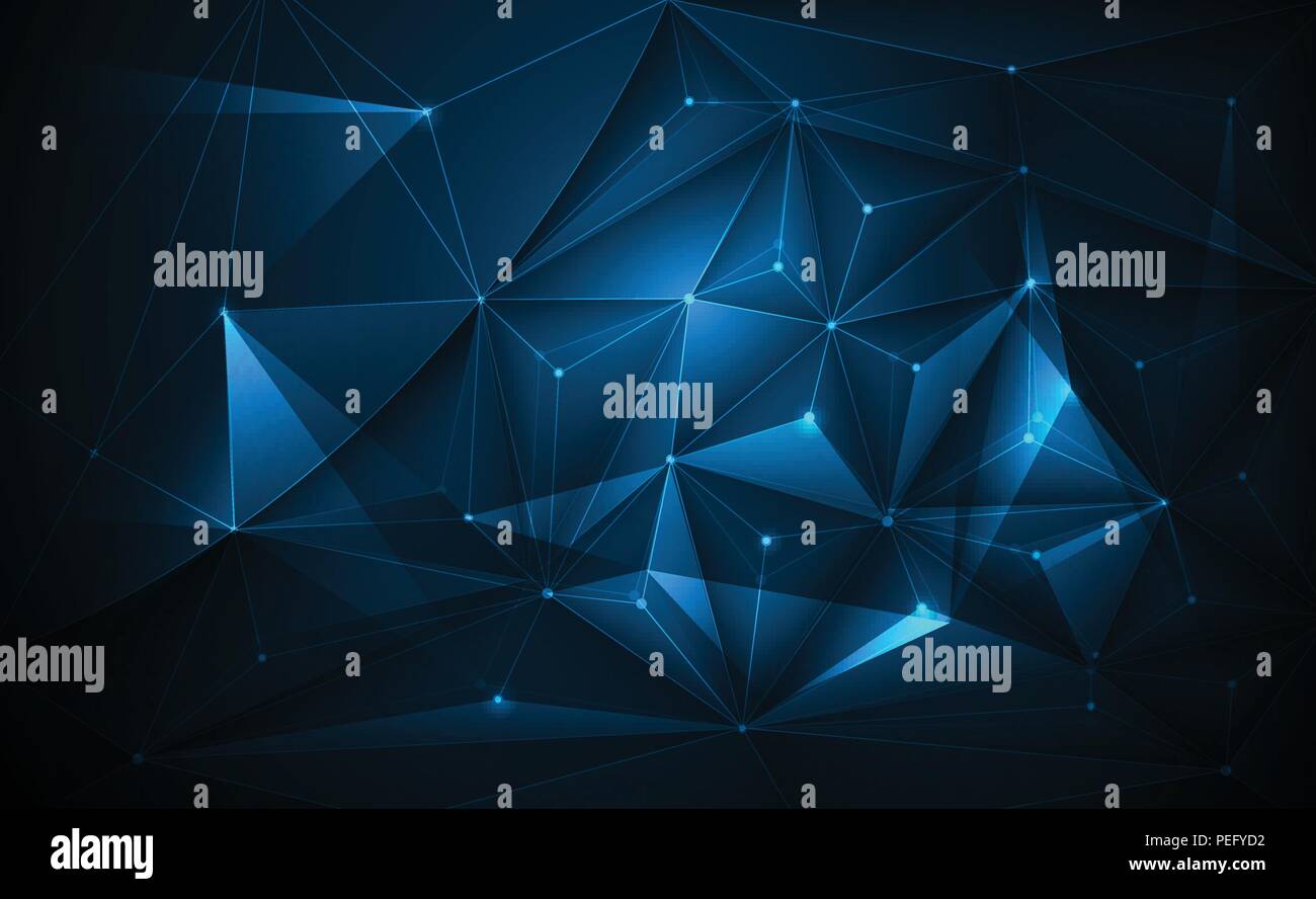 Vettore 3D illustrazione geometrica, Poligono, linea,Triangolo forma del modello con struttura di molecola. Con poligonale giallo, verde, sfondo blu. Abstrac Illustrazione Vettoriale