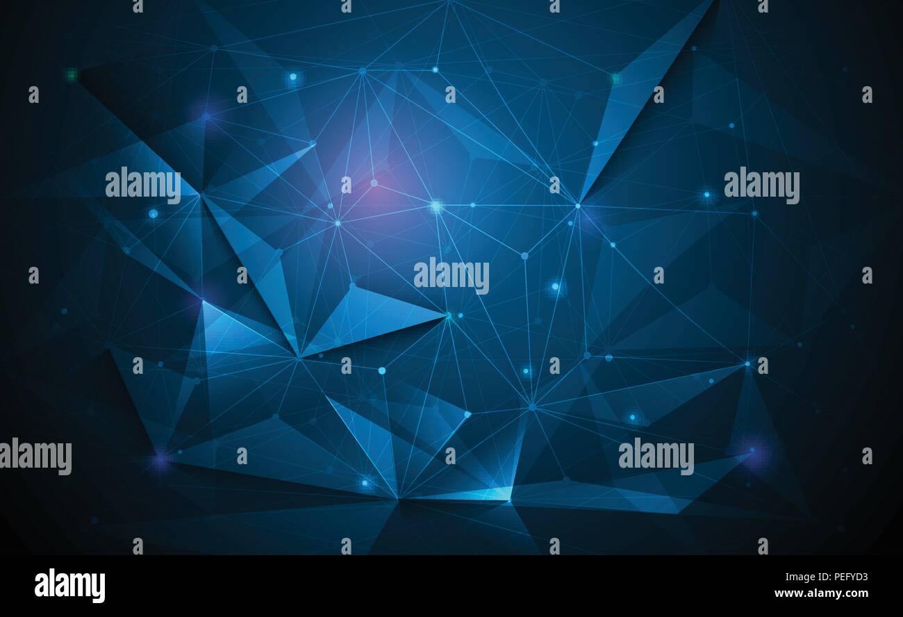 Vettore 3D illustrazione geometrica, Poligono, linea,Triangolo forma del modello con struttura di molecola. Con poligonale giallo, verde, sfondo blu. Abstrac Illustrazione Vettoriale