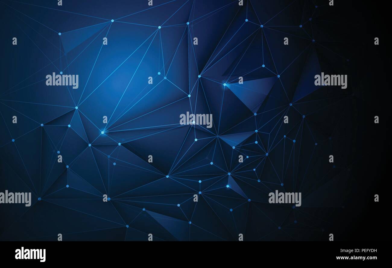 Vettore 3D illustrazione geometrica, Poligono, linea,Triangolo forma del modello con struttura di molecola. Con poligonale giallo, verde, sfondo blu. Abstrac Illustrazione Vettoriale