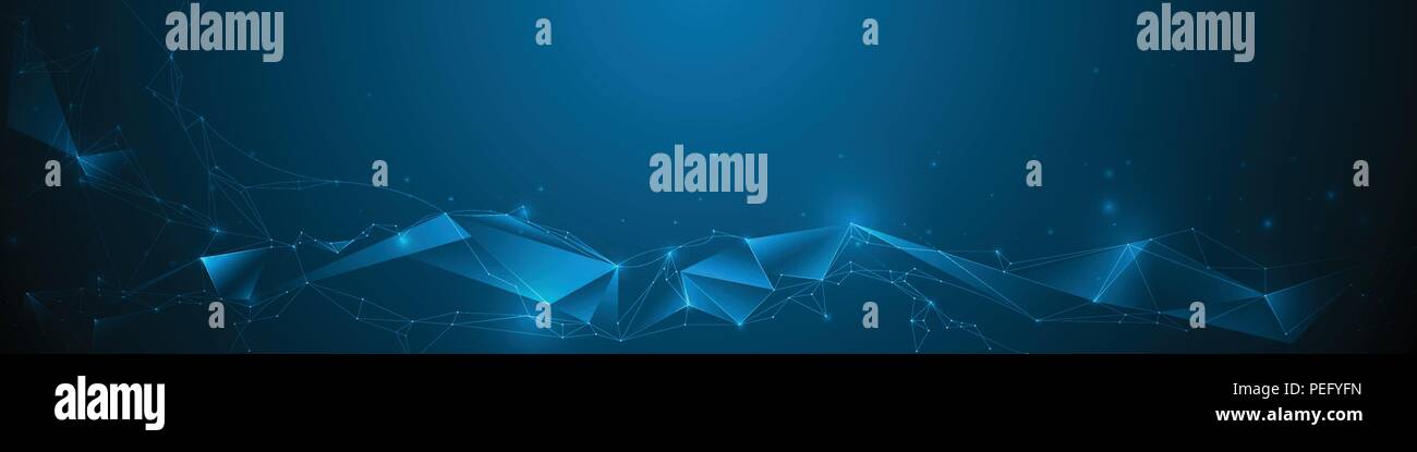 Abstract molecole banner con la linea, geometrica poligono,Modello Triangolo. Il design del vettore di comunicazione di rete tecnologia su sfondo blu scuro. Futu Illustrazione Vettoriale