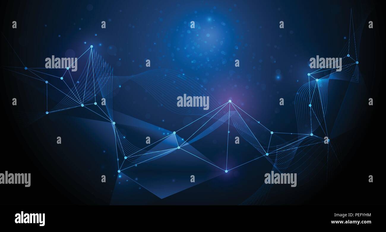 Abstract futuristico, molecola con tecnologia pattern poligonali con maglie di linee e bokeh su sfondo blu scuro. Il vettore molecolare e la struttura del DNA Illustrazione Vettoriale