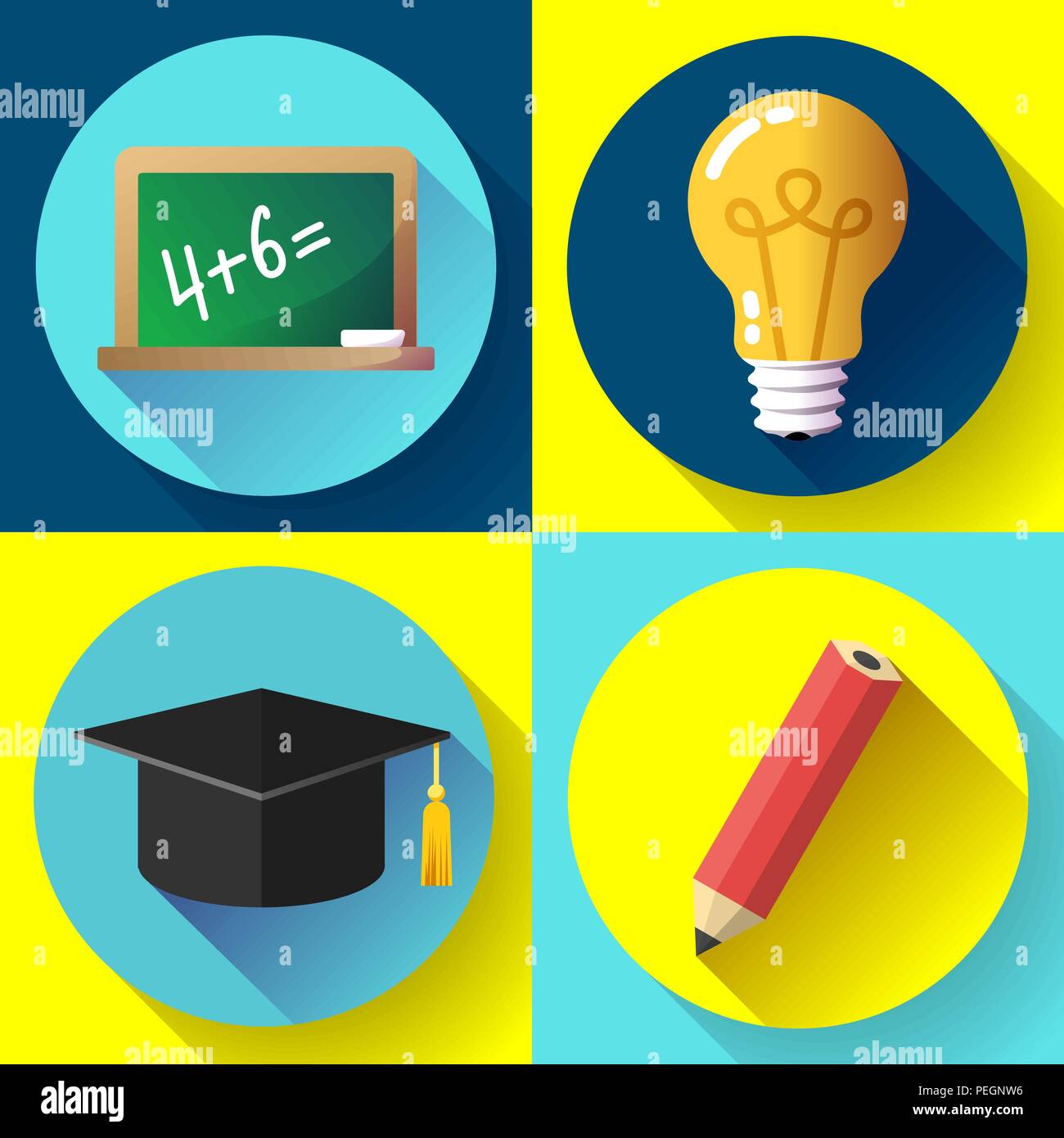 L'istruzione Imposta icona su sfondo bianco. Lampadina, matita, laureato hat, ardesia, Illustrazione Vettoriale