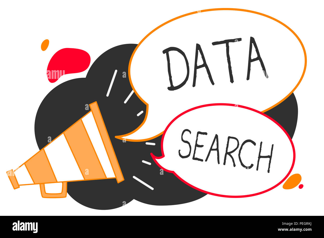 Testo della scrittura la scrittura dei dati di ricerca. Concetto significato raccoglie e riporta informazioni contiene termini specificati megafono altoparlante fumetti im Foto Stock