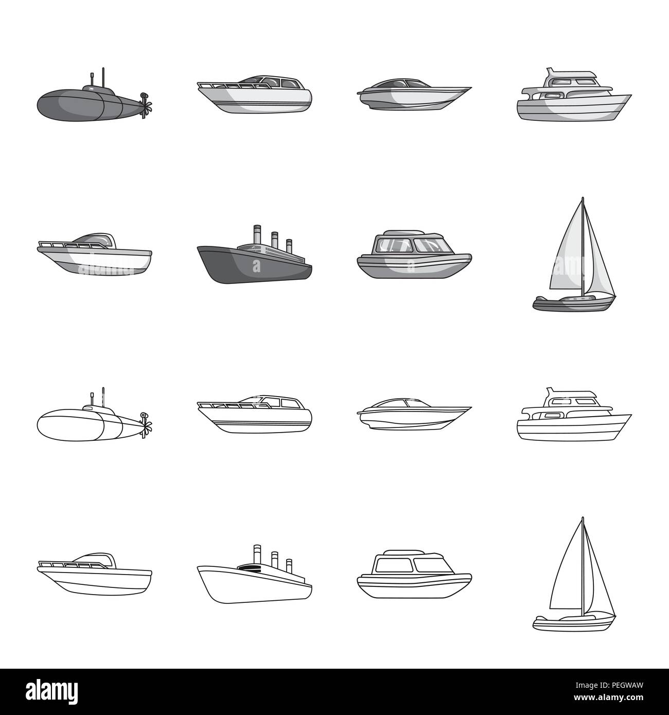 Barca di protezione, la scialuppa di salvataggio, carico del sistema di cottura a vapore, yacht sportivo.di navi e di trasporto di acqua set di icone di raccolta in profilo,monocromatico vettore stile simbolo magazzino Illustrazione Vettoriale