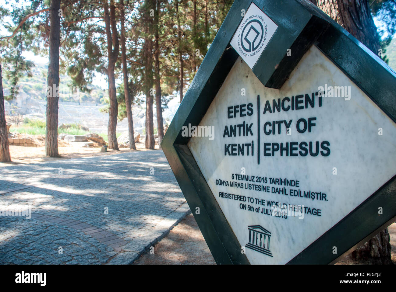 Sign in inglese e turco in entrata della città antica di Efeso e anfiteatro in background, Izmir, Turchia Foto Stock