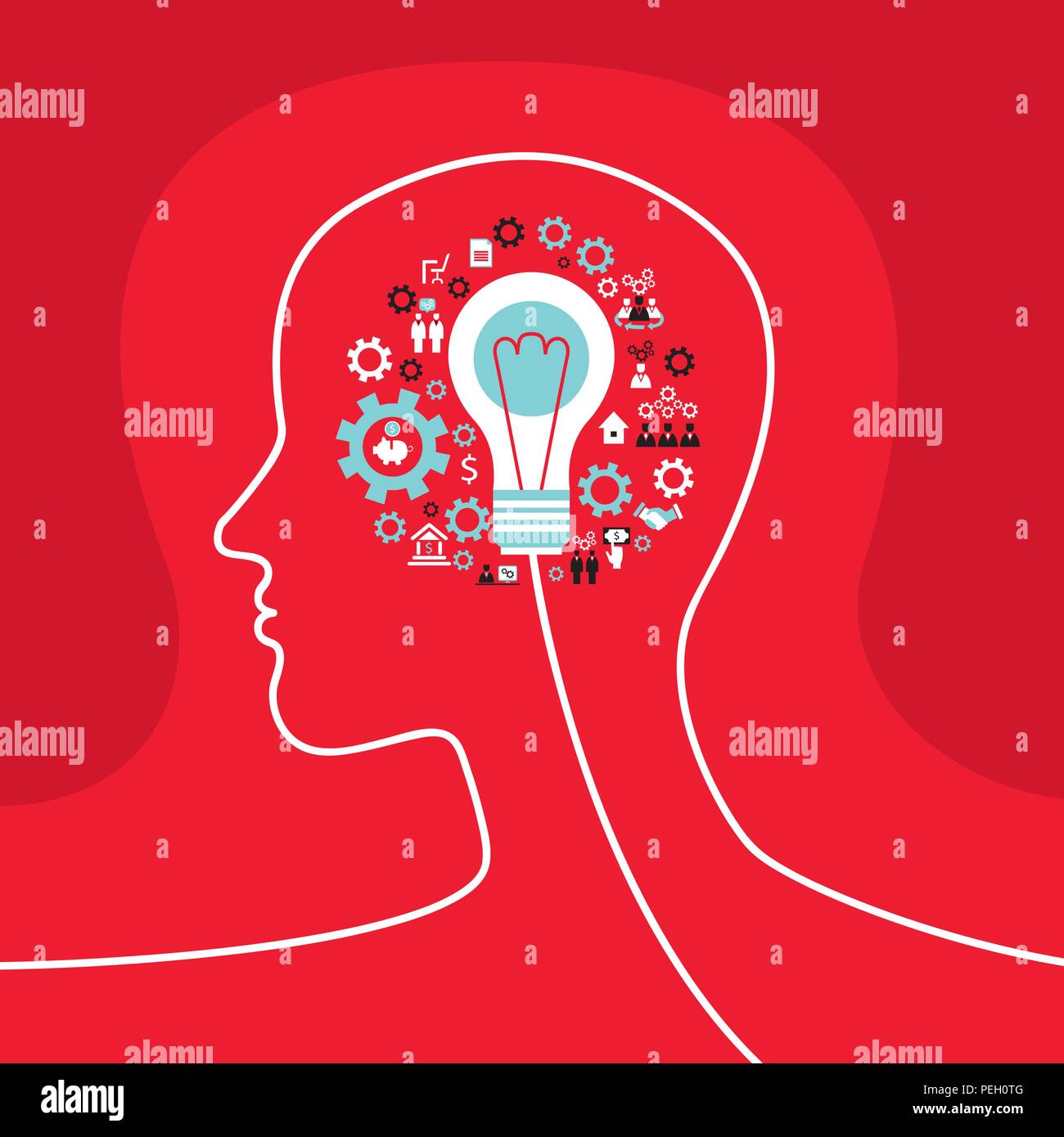 Concetto Infographics con profilo di testa, cervello, gli ingranaggi e le icone di business Illustrazione Vettoriale