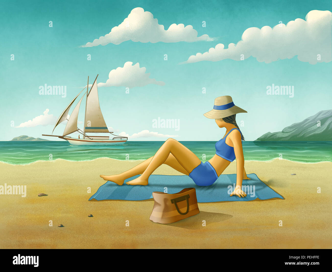 Ragazza a rilassarci in spiaggia, guardando una crociera in barca a vela in mare. Illustrazione Digitale. Foto Stock