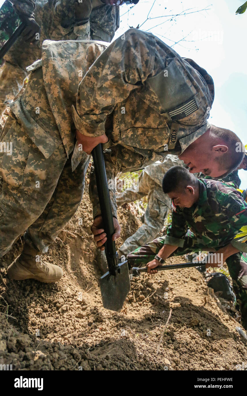 Stati Uniti Army Spc. Michael Kozub, un fante dal Bravo Company 2-27esimo reggimento di fanteria 3° della brigata di fanteria, XXV divisione di fanteria, scava una foxhole al fianco di soldati indonesiani 1a Divisione di Fanteria di Kostrad durante la Garuda scudo, Pacific Pathways 2015 in Cibenda, West Java, Indonesia, Agosto 21, 2015. Garuda Shield è un pianificate regolarmente esercizio bilaterale sponsorizzato da U.S. Army-Pacific, ospitato annualmente dal Tentara Nasional Indonesia esercito a promuovere la sicurezza regionale e la cooperazione. (U.S. Esercito Foto di Spc. Michael Sharp/rilasciato) Foto Stock