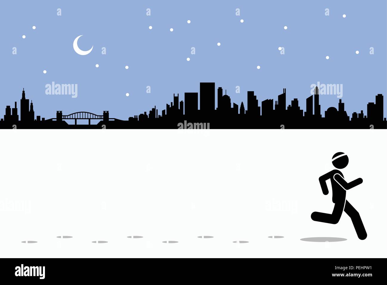 Runner con un paesaggio urbano sul retro con la luna e le stelle. Illustrazioni vettoriali raffigura esercizio, uno stile di vita sano e fitness. Illustrazione Vettoriale