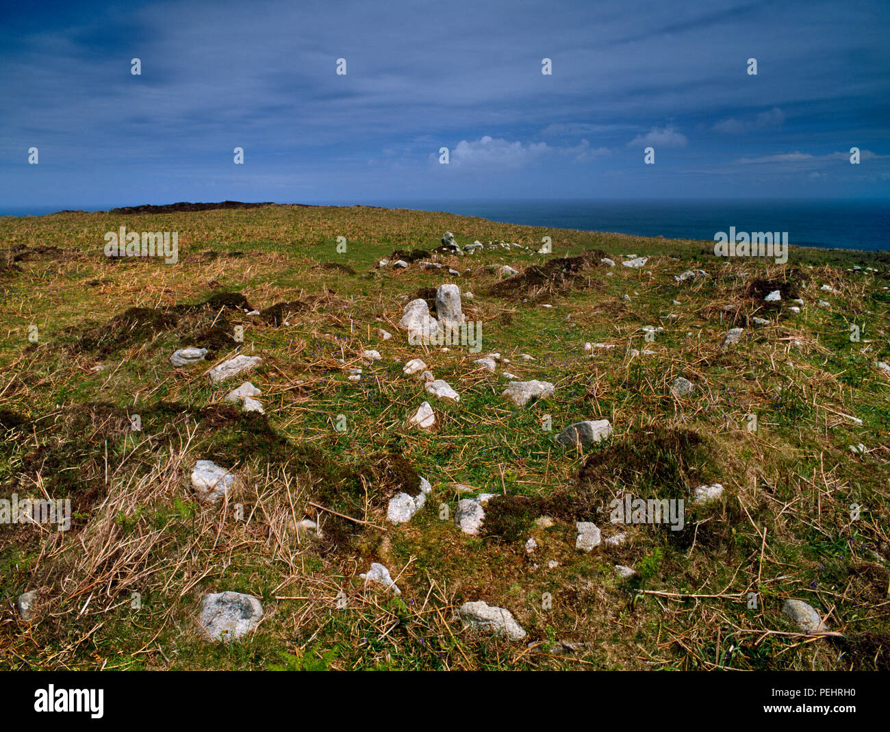 Visualizzare ENE di resti di epoca medievale (C14th) longhouse (running front L a posteriori R) & cantieri (L) alla vedova Tenement, Lundy Island, Devon, Regno Unito. Foto Stock