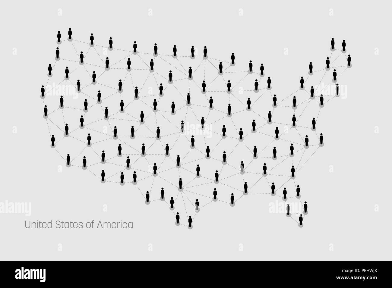 Mappa vettoriale ritrae persone che si connettono attraverso un grande Internet linea web e punti formanti la forma degli Stati Uniti d'America. Illustrazione Vettoriale