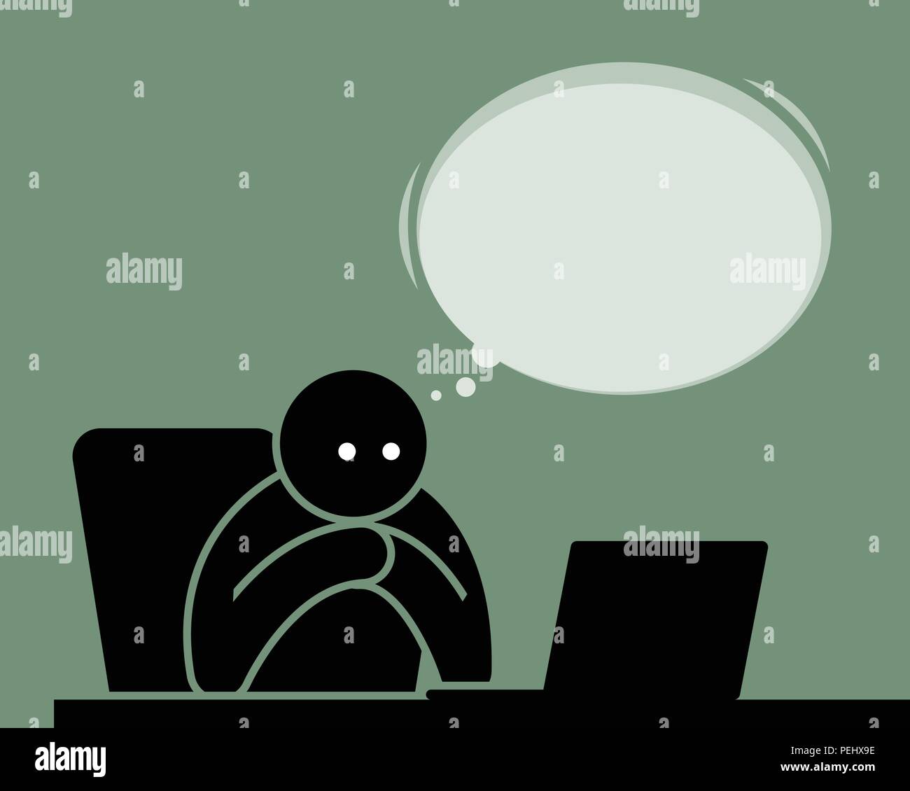 Egli è in attesa e la sensazione di essere anticipato mentre guardando lo schermo del laptop. Illustrazione Vettoriale