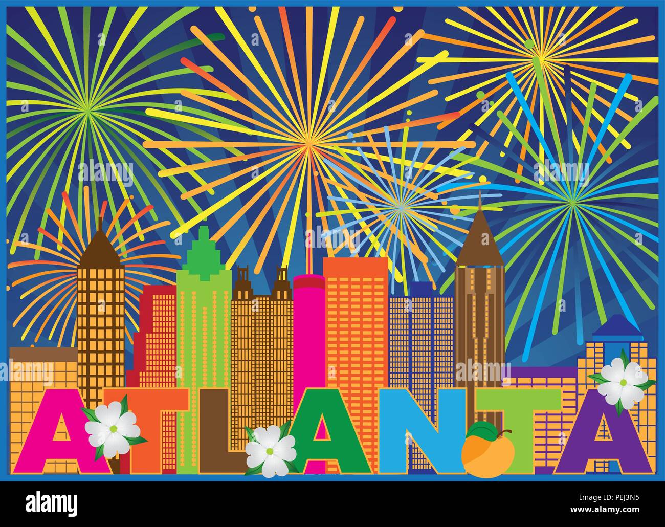 Atlanta in Georgia dello skyline della città Abstract con pesca Sanguinello fiori Fireworks Display testo colorato llustration Illustrazione Vettoriale