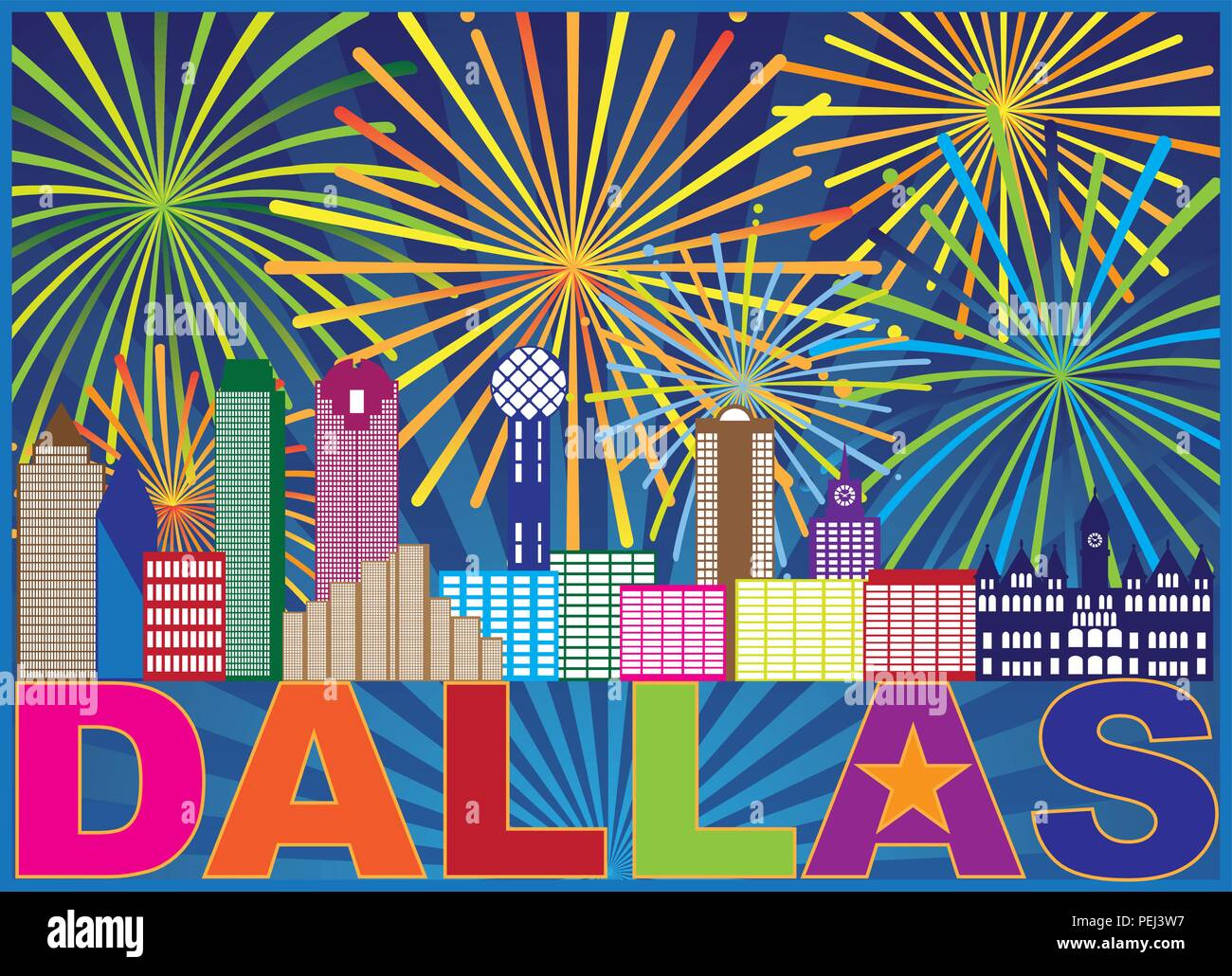 Dallas Texas City Skyline contorno Fireworks Display con testo e Lone Star illustrazione astratta Illustrazione Vettoriale