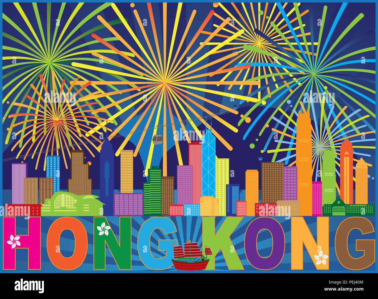 Hong Kong skyline della città di fuochi d'artificio colore sfondo astratto illustrazione Illustrazione Vettoriale