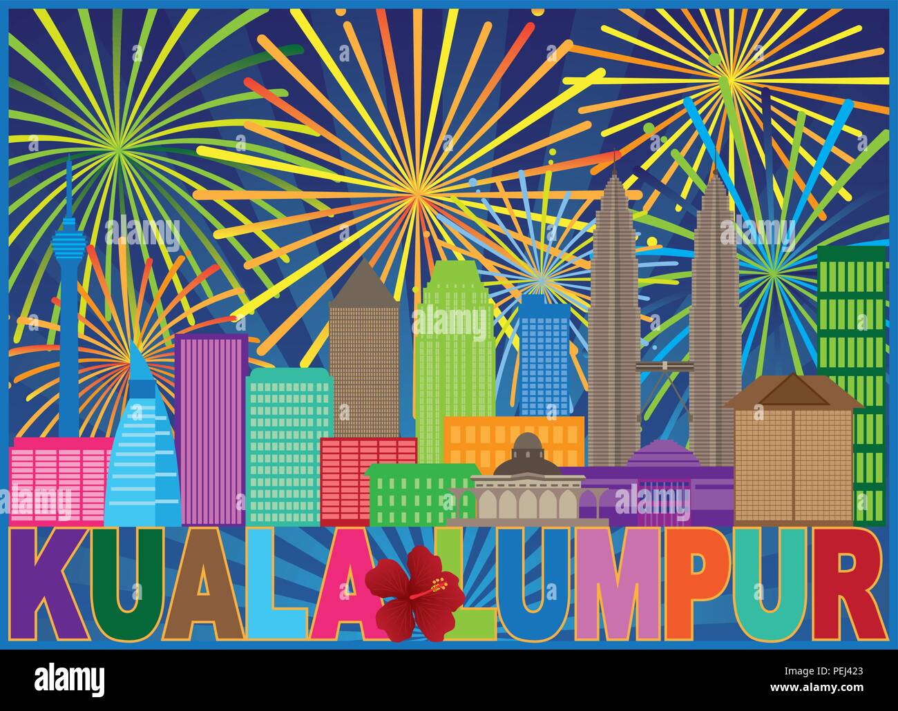 Kuala Lumpur Malaysia skyline della città il testo a colori fiore nazionale Hisbicus fuochi d'artificio Immagine di sfondo Illustrazione Vettoriale