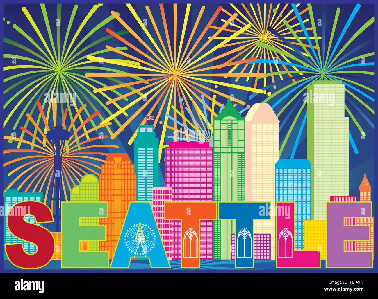 Seattle Washington delineano Silhouette con lo skyline della citta' raggi solari coloratissimi fuochi d'artificio Pattern illustrazione dello sfondo Illustrazione Vettoriale