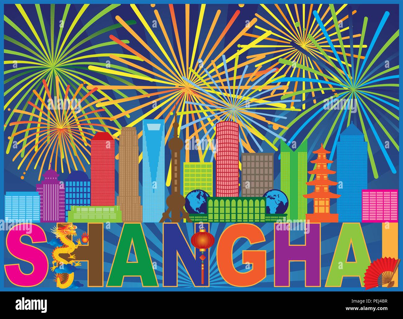 Cina Shanghai City Skyline Silhouette di contorno del testo a colori astratto modello di fuochi d'artificio Immagine di sfondo Illustrazione Vettoriale