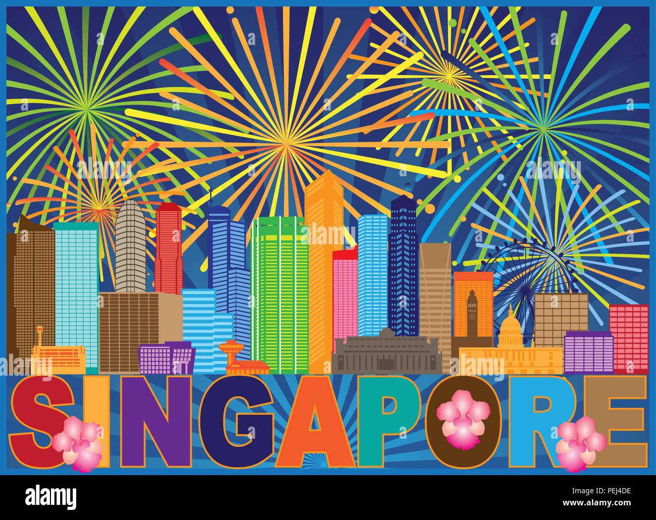 Singapore skyline della città Silhouette Panorama Outline fuochi d'artificio testo Colore di sfondo immagine Illustrazione Vettoriale
