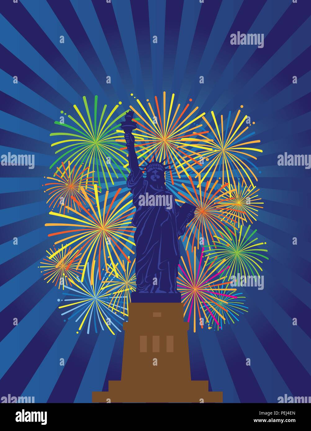Statua della Libertà su Staten Island in New York City fuochi d'artificio illustrazione di notte Illustrazione Vettoriale