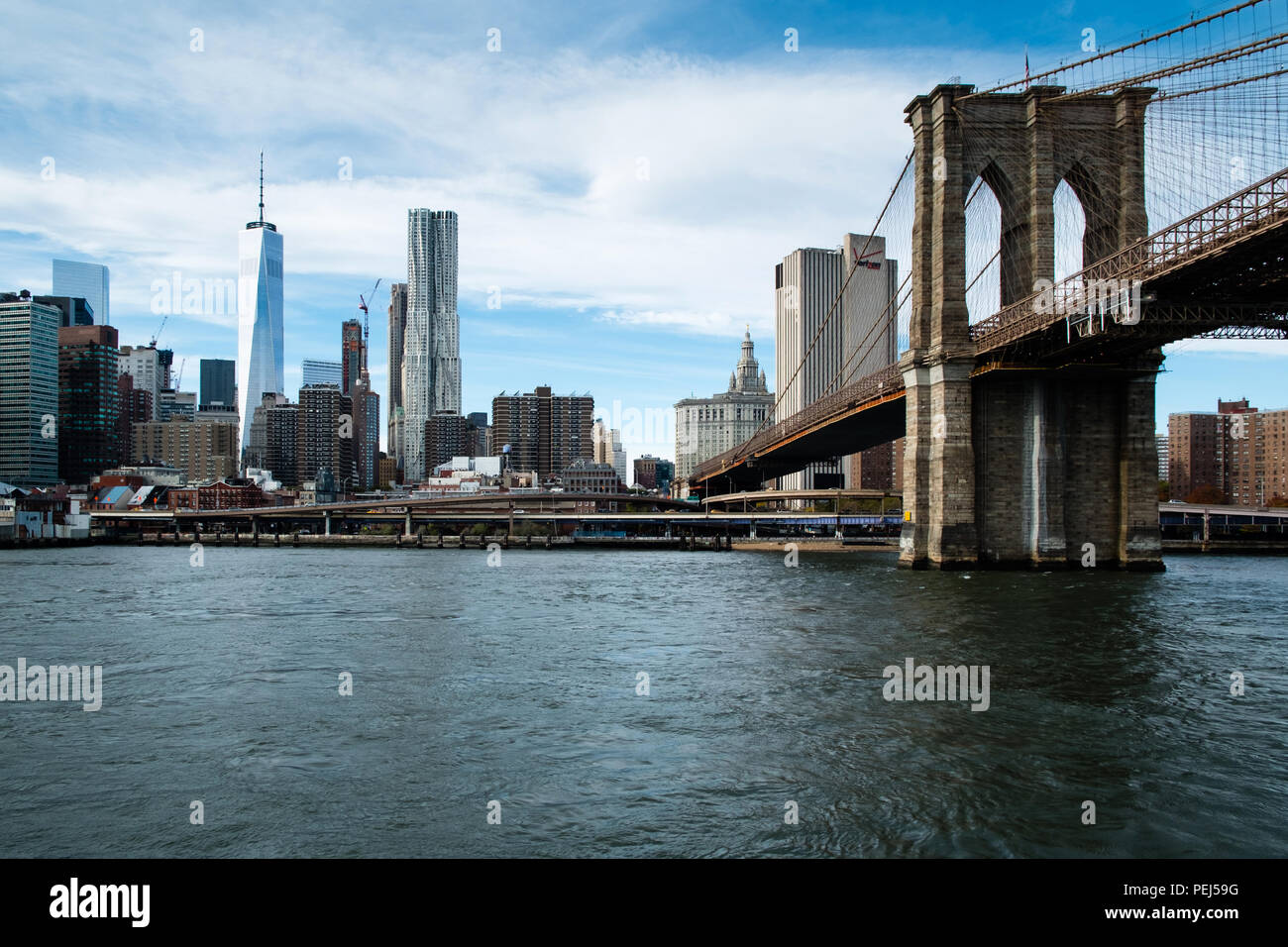 One World Trade Center, Gehry's Tower e il Ponte di Brooklyn visto dall'East River, New York Foto Stock
