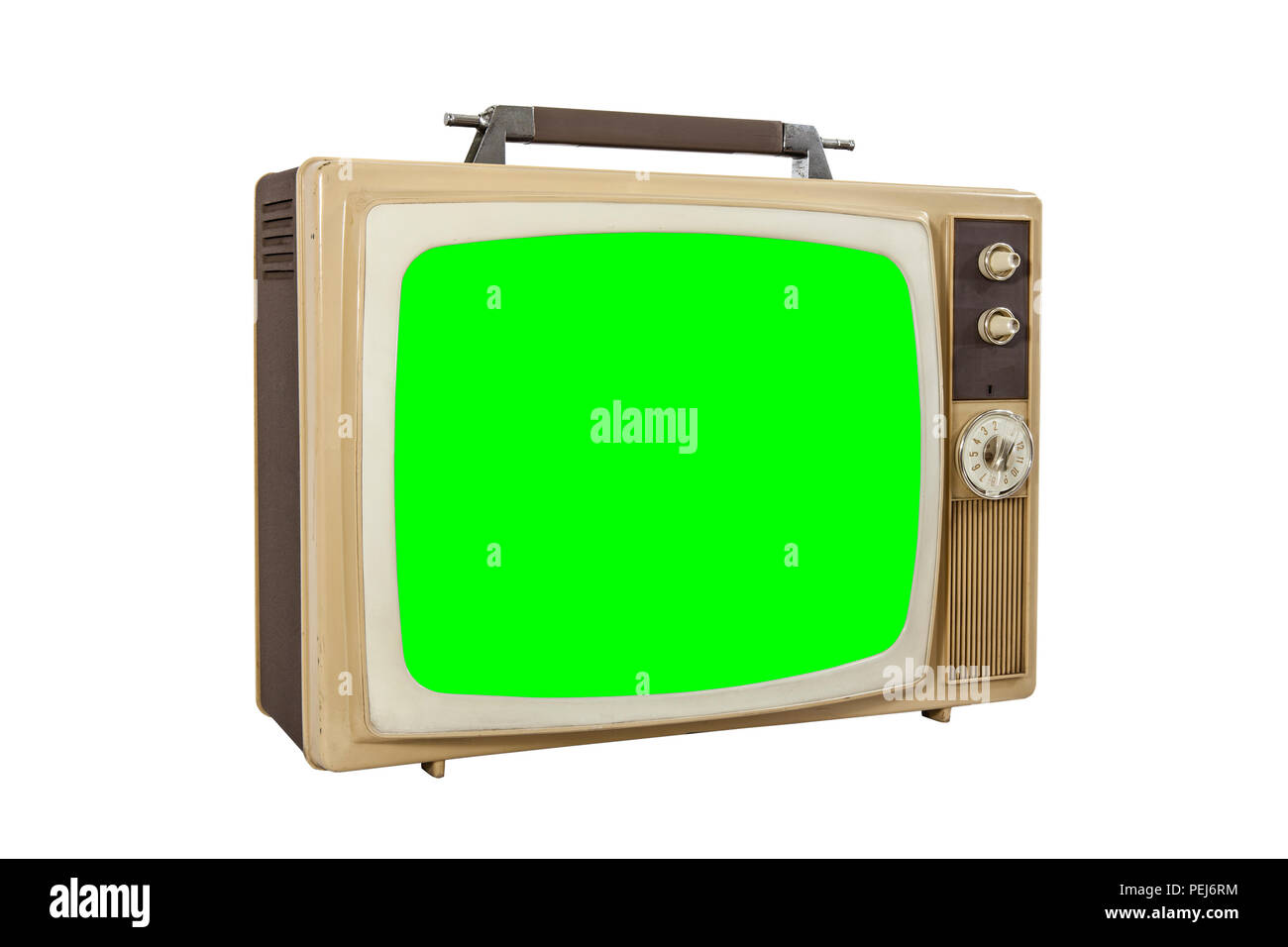Vintage televisore portatile isolato su bianco con chroma key green screen. Foto Stock