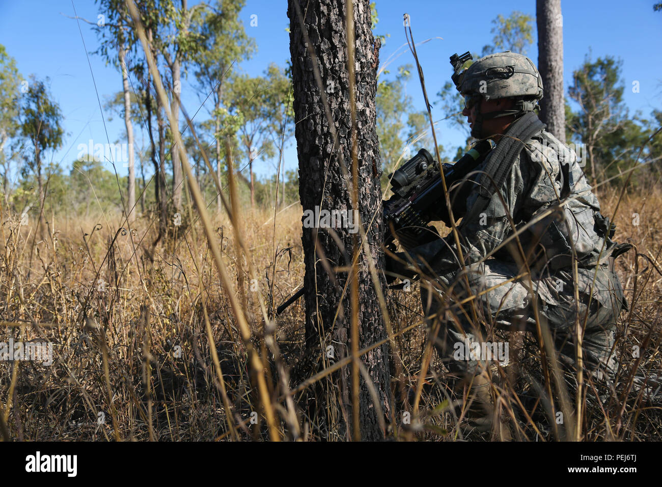 Un U.S. Soldato da Bravo Company, 2-27esimo battaglione, XXV divisione di fanteria, pattuglie boschi durante l'esercizio pacifico di percorsi in Townsville, Queensland, Australia, 7 Agosto, 2015. Pacific Pathways soldati dà la possibilità di formare e costruire relazioni con le nazioni estere. (U.S. Esercito foto di Spc. La Giordania Talbot/rilasciato) Foto Stock