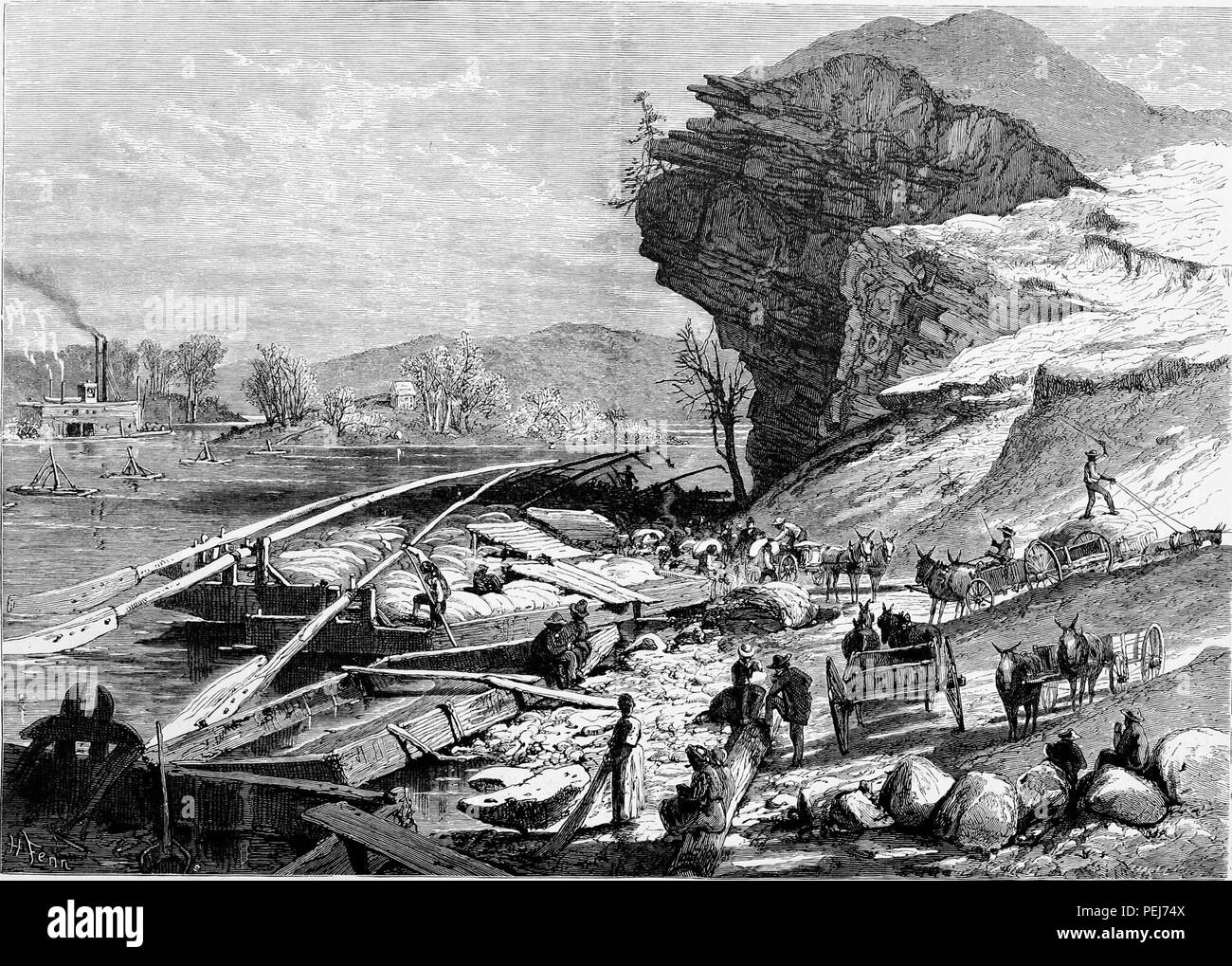 Bianco e nero stampa vintage raffigurante una sezione del Fiume Tennessee, con persone, cavallo di carretti e chiatte a pale in primo piano e un piroscafo visibile in background, situato nei pressi di Chattanooga, Tennessee, Stati Uniti d'America, e pubblicato in William Cullen Bryant modificati del volume "pittoresco America; o, la terra in cui viviamo", 1872. La cortesia Internet Archive. () Foto Stock
