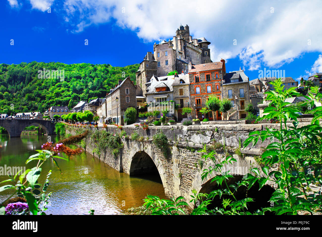 Bella Estaing village,vista con il castello e il Ponte vecchio,Francia. Foto Stock